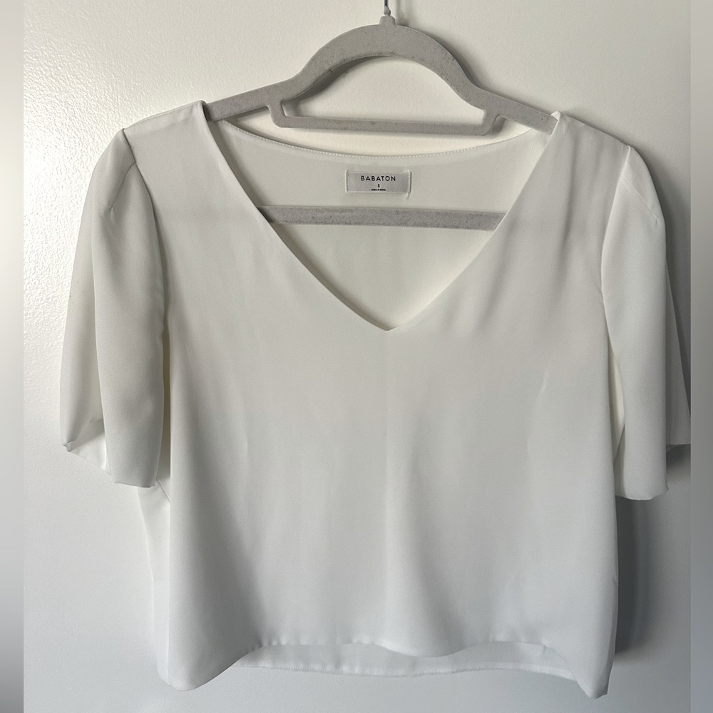 Babaton White V-Neck Short Sleeve Blouse - Clean Silhouette
